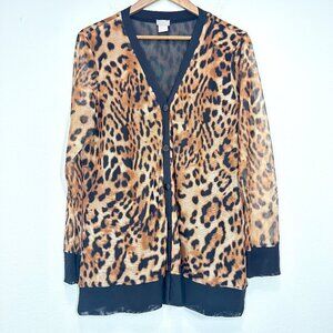 Chico's Size Large Sheer Mesh Leopard Print V Neck Button Front Long Cardigan